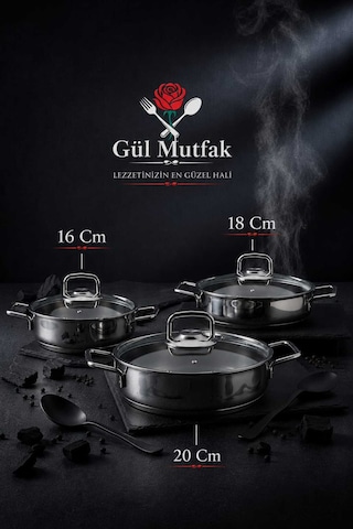 Gül Mutfak 3 Lü 6 Parça Paslanmaz Çelik Sahan Seti Cam Kapaklı 16-18-20 Cm Inox