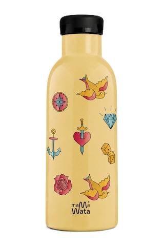 Mamawata Tattoo Pipetli Çocuk Termos Matara 470 Ml Paslanmaz Çelik Sızdırmaz Yalıtımlı Suluk Krem