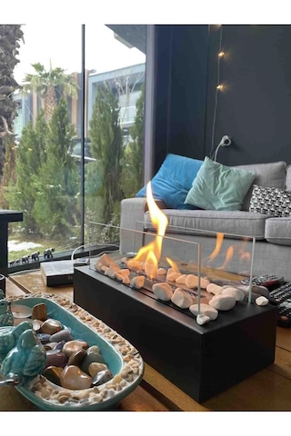 Metal Siyah Bioethanol Masaüstü Şömine Sertifikalı Yakıt Ve Taş H