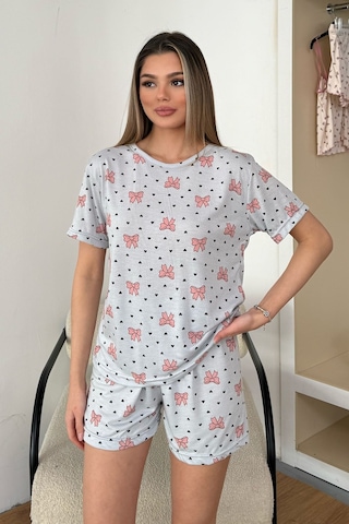Giysa Kadın Bisiklet Yaka Fiyonk Desenli Şortlu Pijama Takımı Gri - 26y 2054