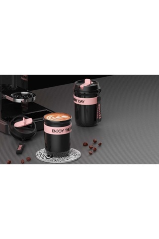 Shotay Strow Çelik Termos Mug 410ml Siyah Siyah