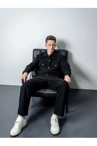 Erkek Çocuk Robalı Gömlek Keten Pantolon Takım-15547 Siyah