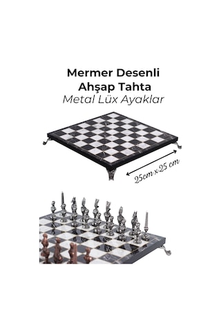 Mc57 Antik Mısır Figürlü Metal Satranç Takımı - Mermer Desenli 25cm Tahta El Yapımı Taşlar
