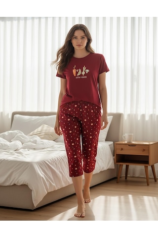 Mihra Kadın %100 Pamuk Bisiklet Yaka Kısa Kol Kapri Pijama Takımı 90787kk - 1 Adet Kırmızı