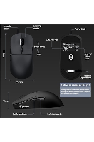 Freewolf A6 Kablosuz Oyuncu Mouse Paw3311 1000 Hz 24000 Dpı Profesyonel Bluetooth Üç Modlu Bağlantı Diğer