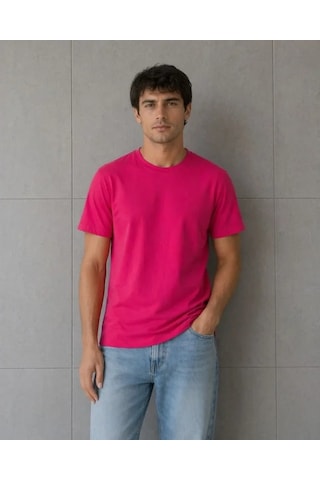 Defymoda Erkek Basic Pamuklu Tişört Bisiklet Yaka Düz Renk Regular Fit T-shirt - Fuşya