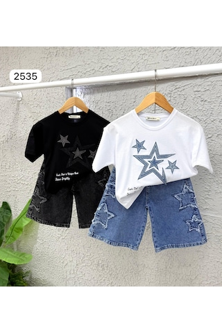 Kız Çocuk Yıldız Baskılı Oversize Tişört & Kot Şort Kombini Yazlık Şık Takım 2535m Mavi