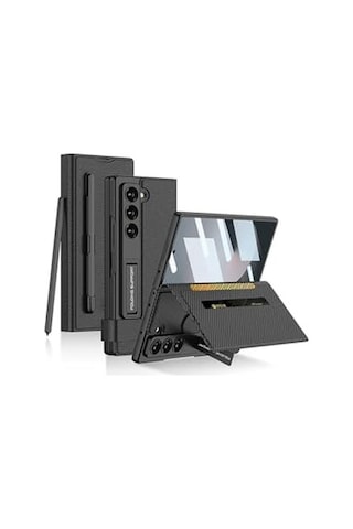Ayrex Galaxy Z Fold 6 Suni Deri Tasarımlı Kalem Bölmeli Zore Kıpta Kartlıklı Standlı Kapak-siyah Litchi