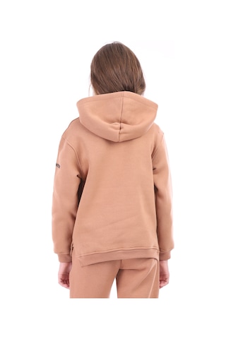 Kız Çocuk Oversize Kapüşonlu Cepli Nakış Baskılı Yırtmaçlı Sweatshirt - 3 İplik Şardonlu Kahverengi