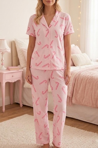 Fit Women Baston Şeker Desenli Milan Kumaş Düğmeli Kısa Kollu Pijama Takımı 4587 Açık Pembe
