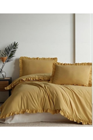 Oksit Sarı % 100 Pamuk Fırfırlı Keten Çift Kişilik Nevresim Takımı 200 X220 Sarı