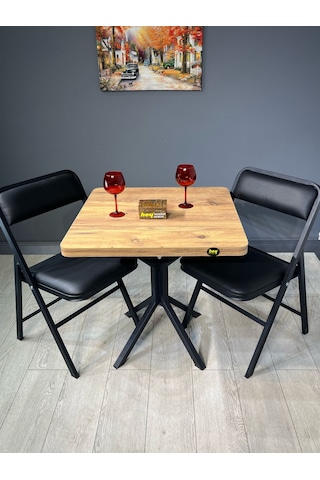 Roma Atlantik Çam Mutfak Yemek Masası Balkon Masası Kavisli Köşe Metal Siyah Ayak 80 Cm