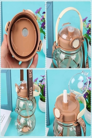 2'li Ayıcık Şeffaf Smile Su Matarası 1000+400ml Çocuk Su Şişesi Pipetli Sızdırmaz Kapaklı Suluk Set Çok Renkli