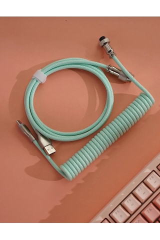 Mekanik Klavyeler İle Uyumlu Coiled Cable- Örgülü Sarmal Type-c Klavye Kablosu Green