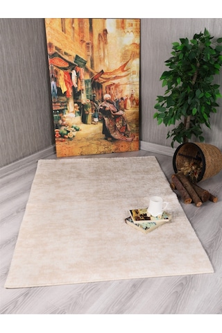 Dekoratif Puffy Peluş Yumuşak Kaymaz Taban Kesme Halı Yolluk Desenli Krem