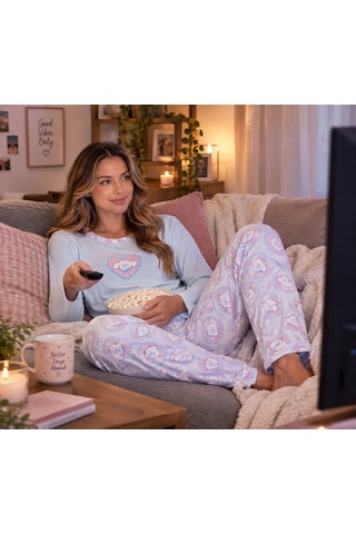 Seamlife Kadın Uzun Kollu Desenli Pijama Takımı Sevimli Desenli Ev Giyim Seti Açık Mavi