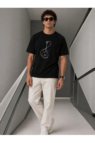 Efnaz Style Erkek Minimal Gitar Baskılı Tişört T-shirt Yazlık Kısa Kol Bisiklet Yaka T-shirt - Siyah