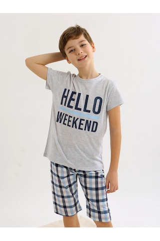 Vitmo Erkek Çocuk Kısa Kollu Kapri %100 Pamuklu Pijama Takımı Hello Weekend KARMELANJ