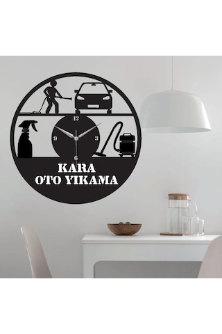 Oto Yıkama Temalı Ahşap Duvar Saati Siyah