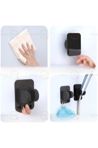 Mainshop Yapışkanlı Çift Kanca Duş Başlığı Tutucu Sabitleme Delme Gerektirmez M-049 Siyah