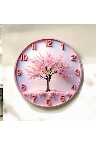 Pembe Renkli Baskı Ağaç Doğa Desenli Sayılı Hediyelik Ahşap Sessiz Duvar Saati 50cm ÇOk Renkli