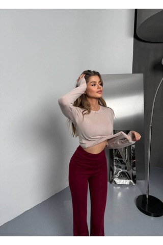 Moda Banuş Sütlü Kahve Parmak Geçirmeli Buzzy Esnek Kumaş Body Bej
