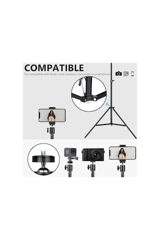 Bluetooth Kumandalı Metal Tripod, 2 Metre Ayarlanabilir Yükseklik, 360 Derece Döner Başlıklı Telefon Tutucu, Video Diğer