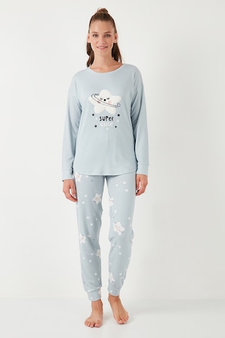 Lela Streç Standart Fit Bisiklet Yaka Desenli Bayan Pijama Takımı 6095700 Açık Gri