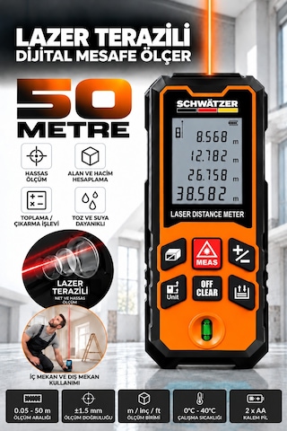 50 Metre Profesyonel Lazer Metre Su Terazili Dijital Ekranlı Hassas Mesafe Ölçer