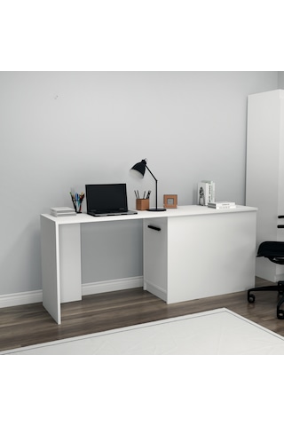 Arnetti Akser Geniş Dolaplı Çalışma Masası – Beyaz Bilgisayar Masası, Modern Tasarım Beyaz