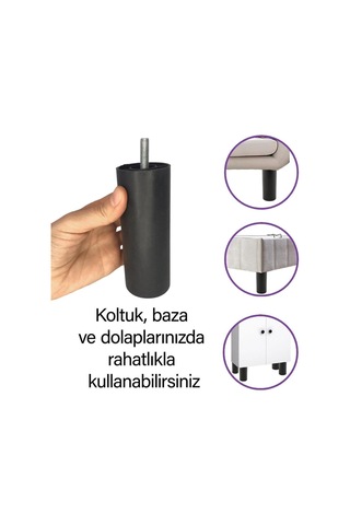 Silindir Destek Ayağı 12 Cm Siyah Gizli Ayak M8 Civatalı Incediş Mobilya Kanepe Baza Koltuk Siyah Diğer