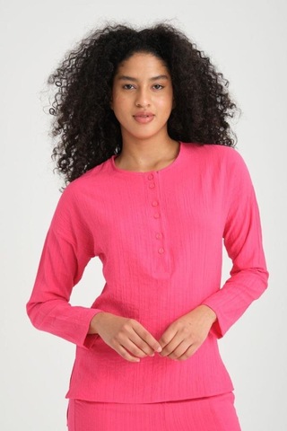 Kadın Dokulu Maya Kumaş Bol Kalıp Salaş Pantolon Uzun Kollu Bluz Ikili Takım 3563320 Pembe