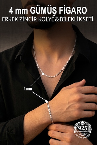 925 Ayar Gümüş Erkek Kolye Ve Bileklik 4 Mm Figaro Zincir Set St421