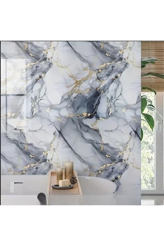 60cm X 3 Metre Tek Parça Yapışkanlı Mavi Gold Mermer Desenli Duvar Paneli Kağıdı Silinebilir Tx-6969 Altın - Turkuaz