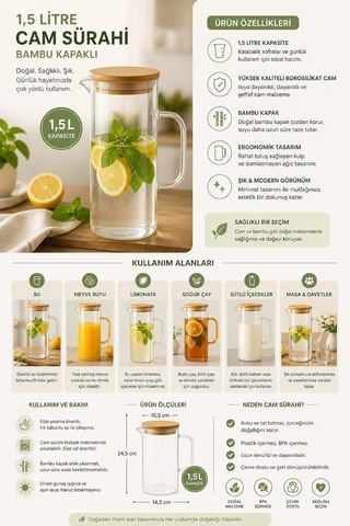 Cam Sürahi 1,5 Litre Bambu Kapaklı, Borosilikat Cam Sürahi, Limonata Sürahisi, Soğuk Çay Ve Meyve Suyu Sürahisi,