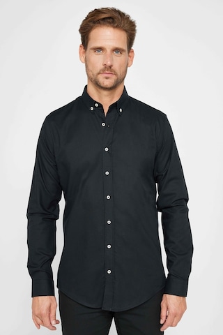 Tudors Slim Fit Dar Kesim Düğmeli Yaka Oxford Doku Pamuk Siyah Erkek Gömlek-31193-siyah Siyah