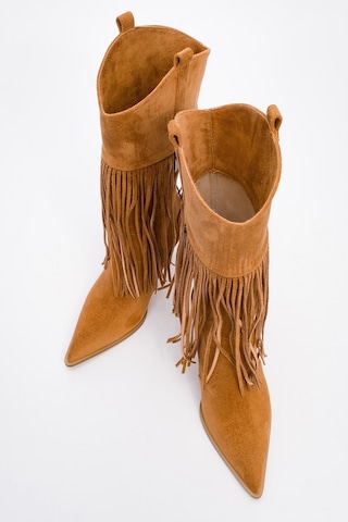Luvishoes Luvi Shoes Gueras Taba Süet Püsküllü Sivri Burun Kadın Topuklu Çizme Taba