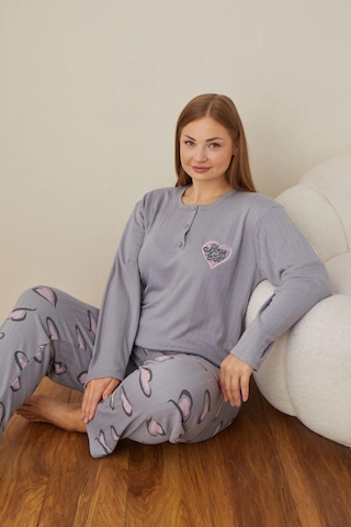 Boyraz Lindros Kadın Pamuklu Düğme Yaka Raporlu İnterlok Battal Pijama Takımı 05102 - 1 Adet Gri