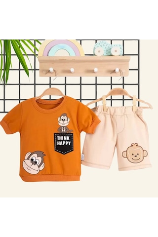 3-18 Ay Erkek Bebek Takımı Maymun 2li Kahverengi Kahverengi