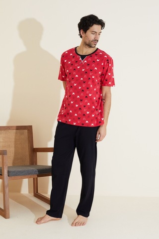 Siyah İnci Bisiklet Yaka Baskılı Örme Pijama Takım 25109837 Kırmızı
