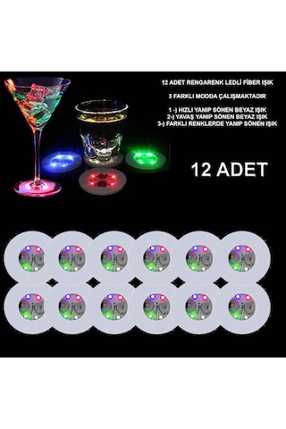 Renkli Led Işıklı Bardak Altlığı - Dekoratif 12 Adet, Pilli Beyaz