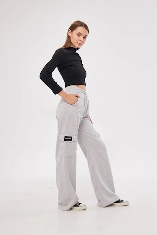 Dogutrend Yüksek Bel Kargo Cepli Palazzo Pantolon Oversize Bol Paça İki İplik Rahat Kesim - Gri