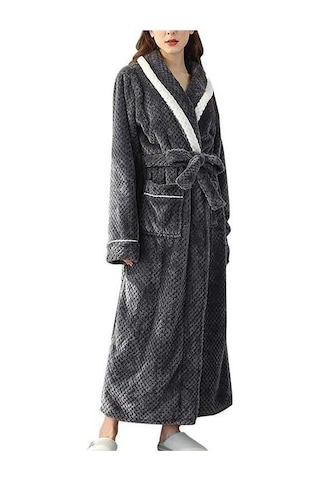 Flybuy Bayan Sabahlık Flanel Cepli Bornoz Kadın Erkek Kış Gecelik Uzun Kollu Sıcak Bornoz Gri