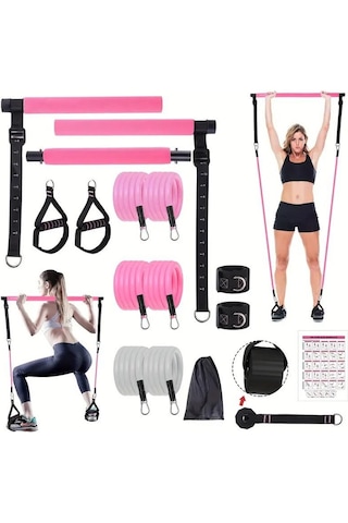 Valkyrie Full Vücut Pilates Bar Seti Egzersiz Çubuğu Ayarlanabilir Evde Onlarcak Farklı Spor Jimnastik Olanağı Kapı Askılı Çantalı Pembe