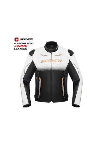 Scoyco Jk290 4 Mevsim Deri Motosiklet Montu Siyah Beyaz