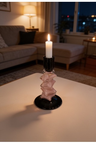 İthal Slıce Cam Şamdan Pembe Küçük 24 Cm Krem - Siyah
