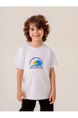 Cicihlid Erkek Çocuk Pamuklu Sun T-shirt-15887 Beyaz