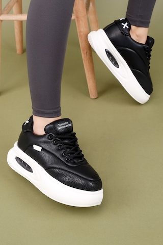Markasende Erg Kadın Siyah Beyaz Air Kalın Tabanlı Sneaker Rahat Spor Ayakkabı Deri Görünümlü Siyah