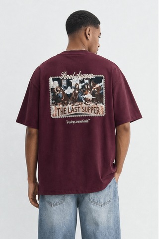Respire Erkek Final Supper Nakışlı Oversize T-shirt Bordo