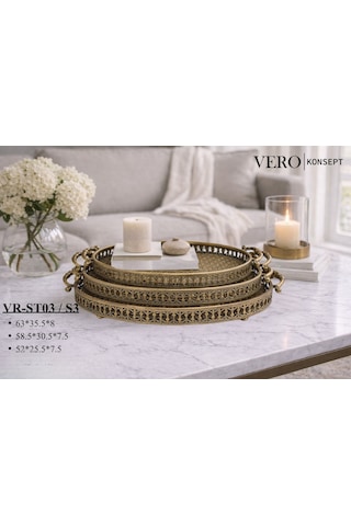 Vero Konsept Antik Gold 3 Lü Oval Ferforje Tepsi Seti Vr-st03 - Vintage Sunum Ve Dekorasyon